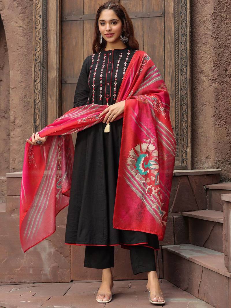 Black Red Yoke Design Chanderi Cotton A-Line Kurta with Palazzos & Dupatta Set