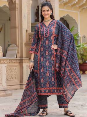Blue Ethnic Motifs Printed Pleated Cotton Kurta Trouser Set With Dupatta 1
