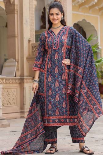 Blue Ethnic Motifs Printed Pleated Cotton Kurta Trouser Set With Dupatta