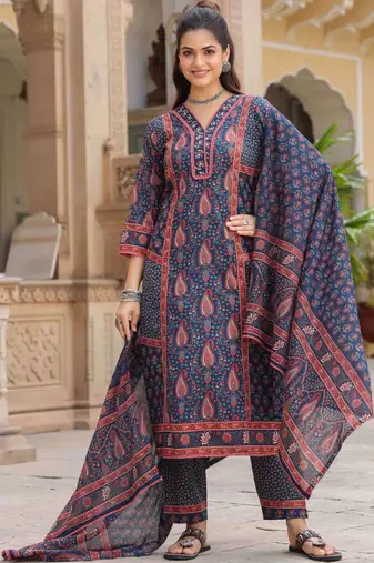 Blue Ethnic Motifs Printed Pleated Cotton Kurta Trouser Set With Dupatta