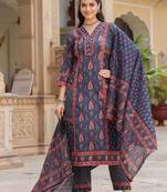 Blue Ethnic Motifs Printed Pleated Cotton Kurta Trouser Set With Dupatta