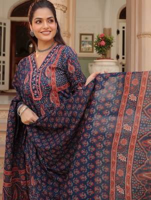 Blue Ethnic Motifs Printed Pleated Cotton Kurta Trouser Set With Dupatta 2