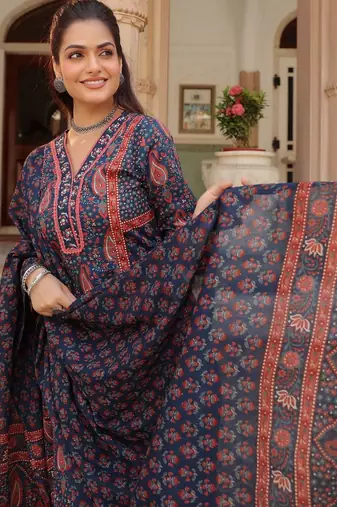 Blue Ethnic Motifs Printed Pleated Cotton Kurta Trouser Set With Dupatta