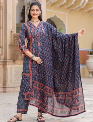 Blue Ethnic Motifs Printed Pleated Cotton Kurta Trouser Set With Dupatta 3