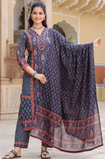 Blue Ethnic Motifs Printed Pleated Cotton Kurta Trouser Set With Dupatta