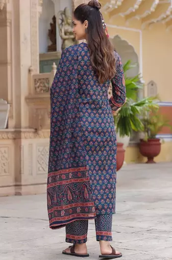 Blue Ethnic Motifs Printed Pleated Cotton Kurta Trouser Set With Dupatta