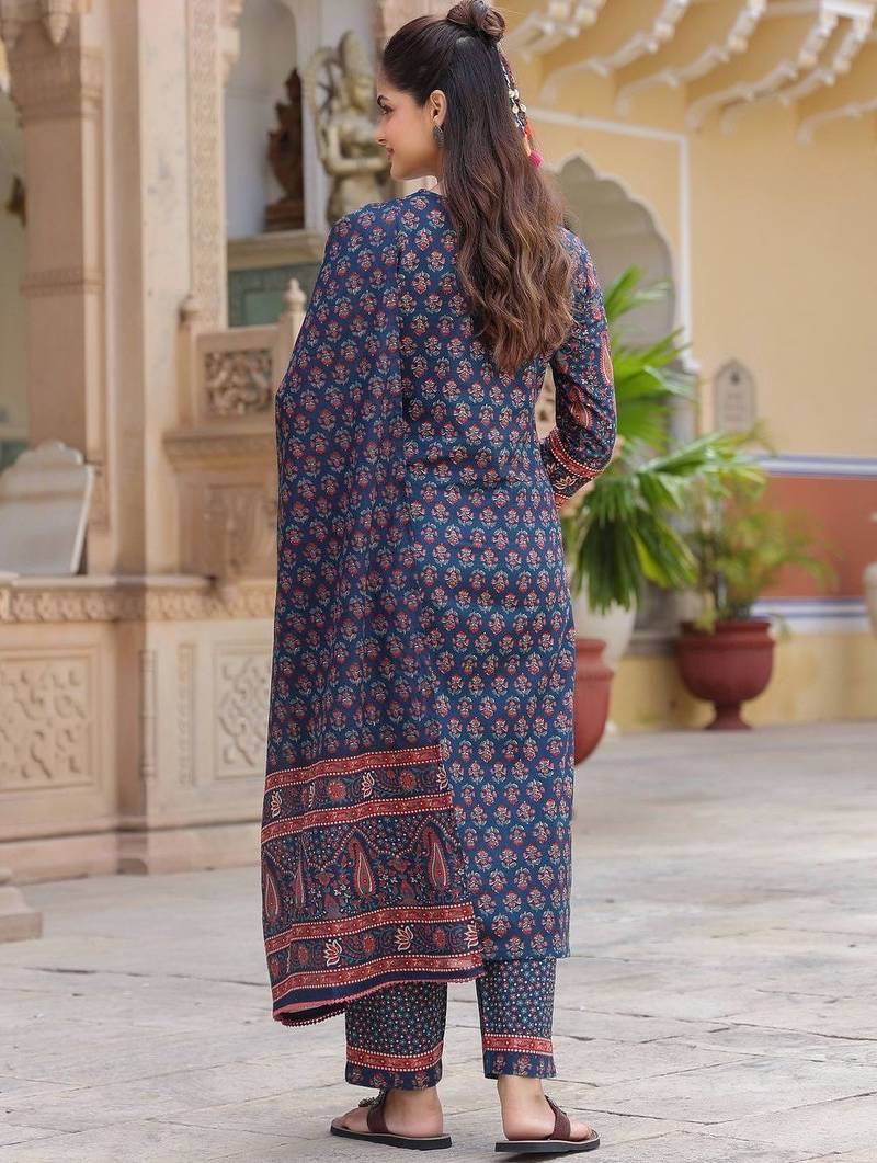 Blue Ethnic Motifs Printed Pleated Cotton Kurta Trouser Set With Dupatta