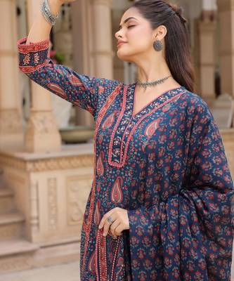 Blue Ethnic Motifs Printed Pleated Cotton Kurta Trouser Set With Dupatta 5