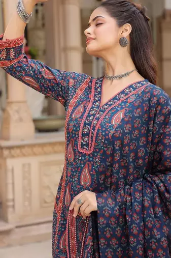 Blue Ethnic Motifs Printed Pleated Cotton Kurta Trouser Set With Dupatta