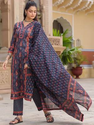 Blue Ethnic Motifs Printed Pleated Cotton Kurta Trouser Set With Dupatta 6