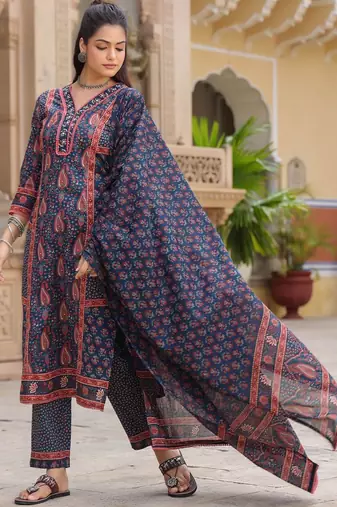 Blue Ethnic Motifs Printed Pleated Cotton Kurta Trouser Set With Dupatta