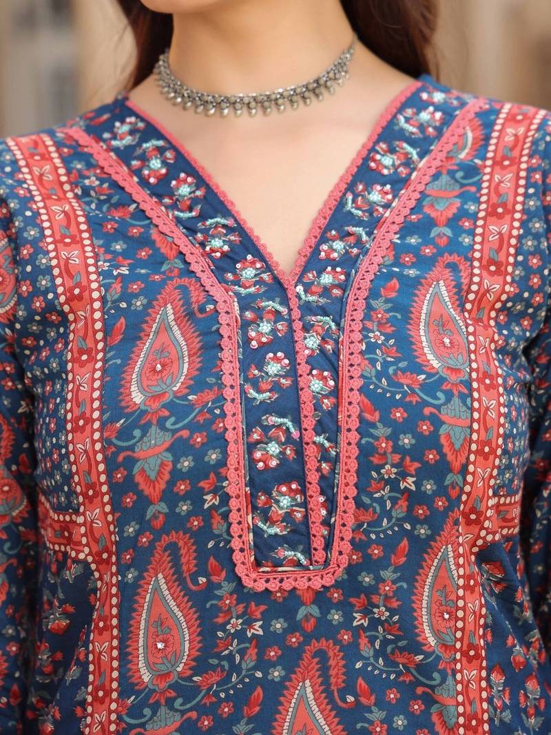 Blue Ethnic Motifs Printed Pleated Cotton Kurta Trouser Set With Dupatta