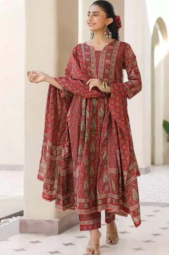 Maroon Ethnic Motifs Printed Pleated Cotton  Kurta Trouser Set With Dupatta