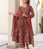 Maroon Ethnic Motifs Printed Pleated Cotton  Kurta Trouser Set With Dupatta