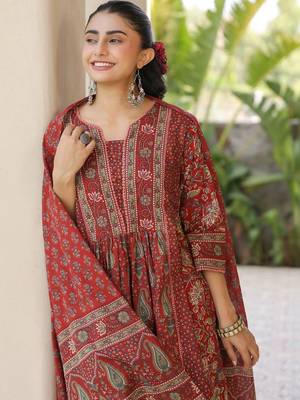 Maroon Ethnic Motifs Printed Pleated Cotton  Kurta Trouser Set With Dupatta 2