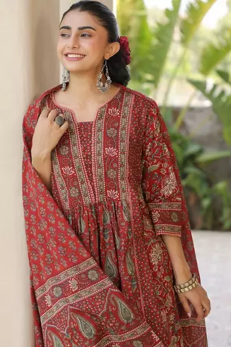 Maroon Ethnic Motifs Printed Pleated Cotton  Kurta Trouser Set With Dupatta