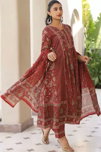 Maroon Ethnic Motifs Printed Pleated Cotton  Kurta Trouser Set With Dupatta