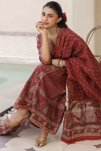 Maroon Ethnic Motifs Printed Pleated Cotton  Kurta Trouser Set With Dupatta