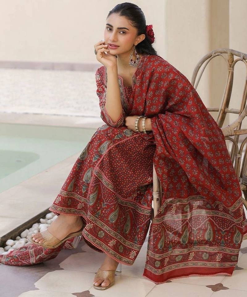 Maroon Ethnic Motifs Printed Pleated Cotton  Kurta Trouser Set With Dupatta