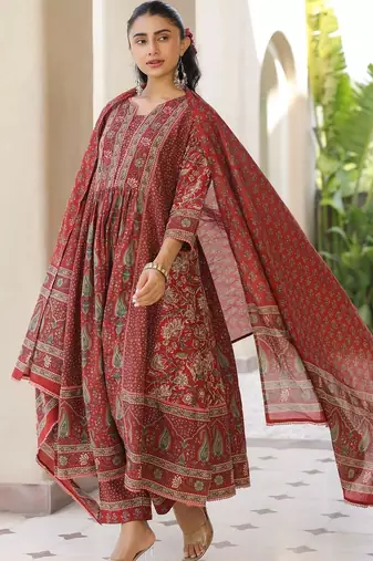Maroon Ethnic Motifs Printed Pleated Cotton  Kurta Trouser Set With Dupatta