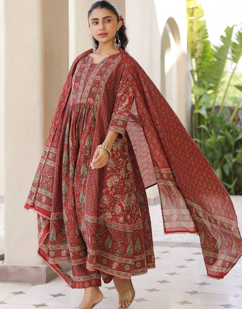 Maroon Ethnic Motifs Printed Pleated Cotton  Kurta Trouser Set With Dupatta