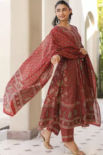 Maroon Ethnic Motifs Printed Pleated Cotton  Kurta Trouser Set With Dupatta