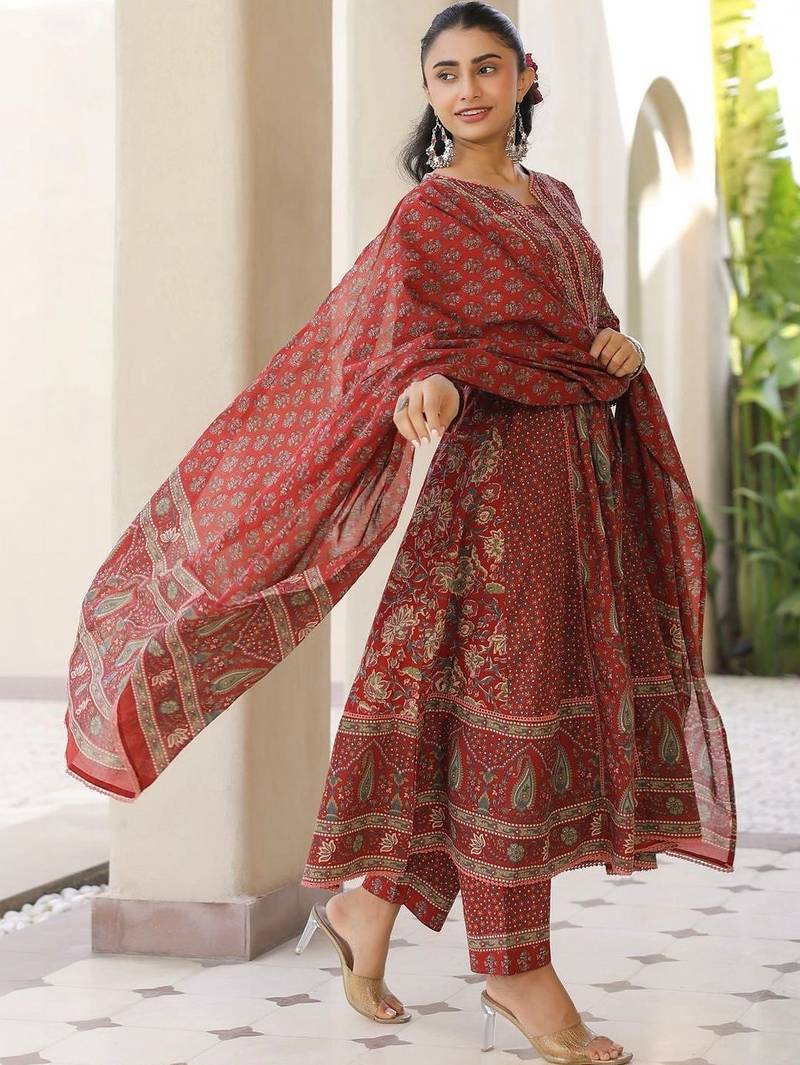 Maroon Ethnic Motifs Printed Pleated Cotton  Kurta Trouser Set With Dupatta