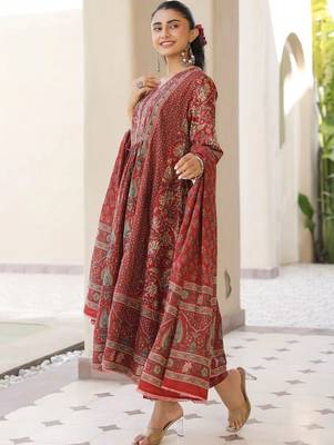 Maroon Ethnic Motifs Printed Pleated Cotton  Kurta Trouser Set With Dupatta 7