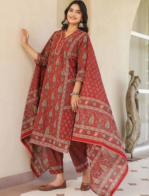 Maroon Ethnic Motifs Printed Pleated Cotton  Kurta Trouser Set With Dupatta 1