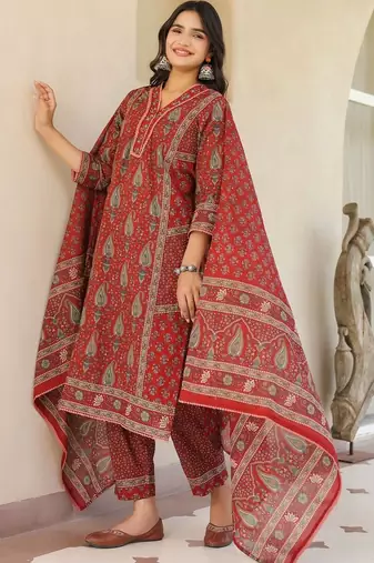 Maroon Ethnic Motifs Printed Pleated Cotton  Kurta Trouser Set With Dupatta