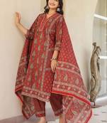 Maroon Ethnic Motifs Printed Pleated Cotton  Kurta Trouser Set With Dupatta