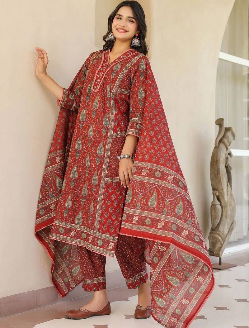 Maroon Ethnic Motifs Printed Pleated Cotton  Kurta Trouser Set With Dupatta