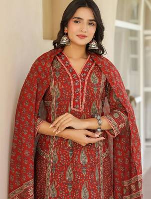 Maroon Ethnic Motifs Printed Pleated Cotton  Kurta Trouser Set With Dupatta 2