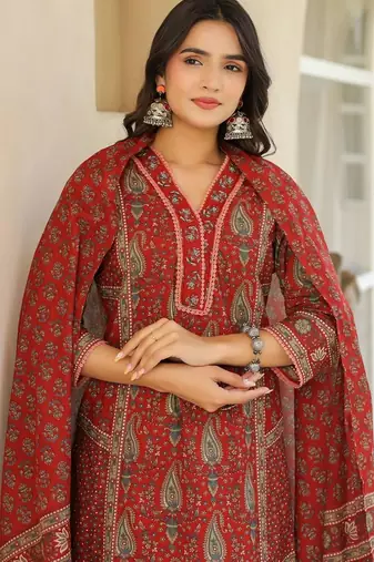 Maroon Ethnic Motifs Printed Pleated Cotton  Kurta Trouser Set With Dupatta
