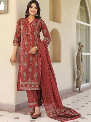 Maroon Ethnic Motifs Printed Pleated Cotton  Kurta Trouser Set With Dupatta 3