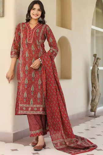 Maroon Ethnic Motifs Printed Pleated Cotton  Kurta Trouser Set With Dupatta