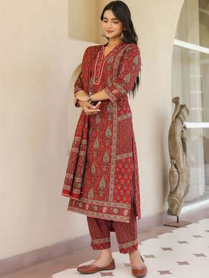 Maroon Ethnic Motifs Printed Pleated Cotton  Kurta Trouser Set With Dupatta 6