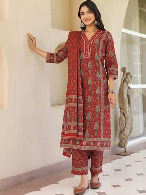 Maroon Ethnic Motifs Printed Pleated Cotton  Kurta Trouser Set With Dupatta 7