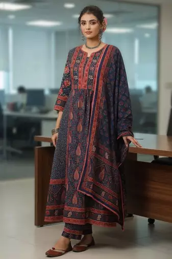 Blue Ethnic Motifs Printed Pleated Cotton Kurta Trouser Set With Dupatta