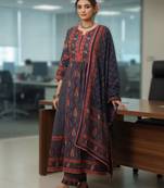 Blue Ethnic Motifs Printed Pleated Cotton Kurta Trouser Set With Dupatta