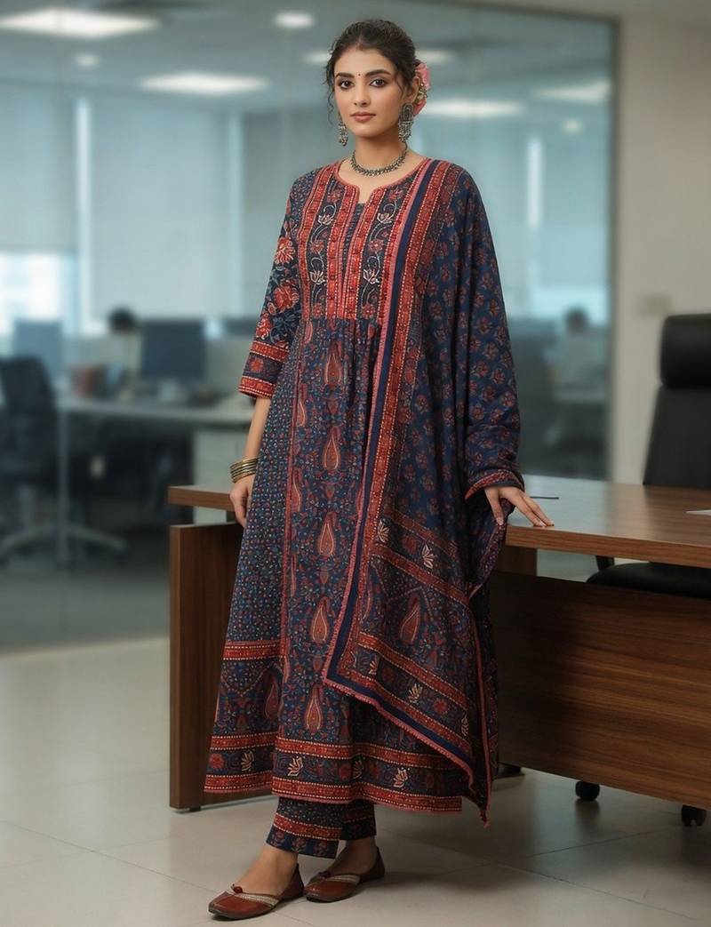 Blue Ethnic Motifs Printed Pleated Cotton Kurta Trouser Set With Dupatta