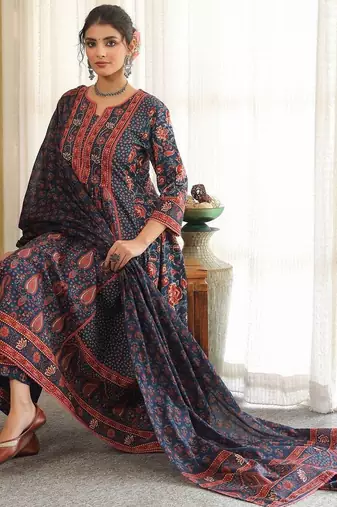 Blue Ethnic Motifs Printed Pleated Cotton Kurta Trouser Set With Dupatta