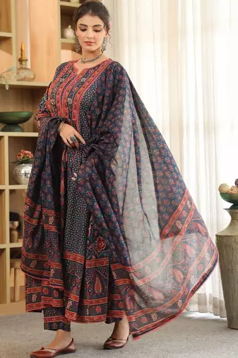 Blue Ethnic Motifs Printed Pleated Cotton Kurta Trouser Set With Dupatta
