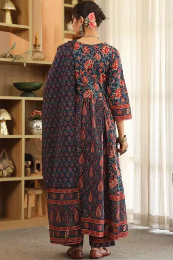 Blue Ethnic Motifs Printed Pleated Cotton Kurta Trouser Set With Dupatta