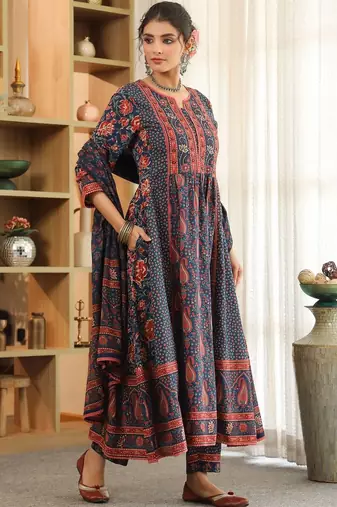 Blue Ethnic Motifs Printed Pleated Cotton Kurta Trouser Set With Dupatta