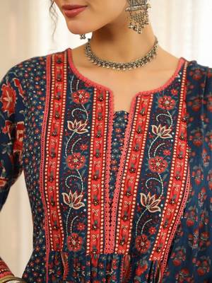 Blue Ethnic Motifs Printed Pleated Cotton Kurta Trouser Set With Dupatta 6