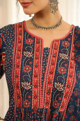 Blue Ethnic Motifs Printed Pleated Cotton Kurta Trouser Set With Dupatta