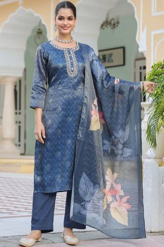 Blue Floral Printed Cotton Kurta Trouser Set With Dupatta