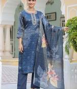 Blue Floral Printed Cotton Kurta Trouser Set With Dupatta