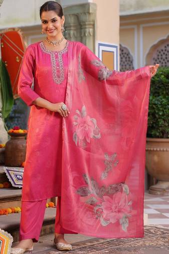 Pink Floral Printed Cotton Kurta Trouser Set With Dupatta